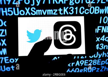Dans cette illustration photo, un fil de discussion et des logos Twitter sont affichés sur un smartphone. Banque D'Images