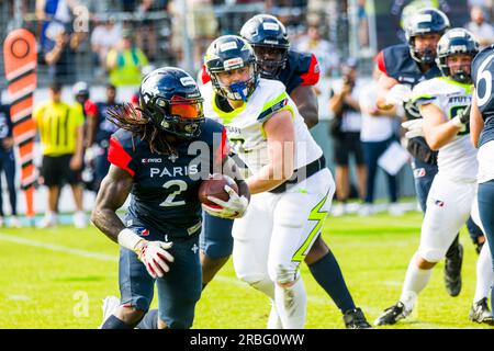 Ligue européenne de football, ELF/ match : Paris Mousquetaires à Stuttgart Surge en juillet. 09. 2023 , dans le Gazi Stadium , Stuttgart , Allemagne Paris Mousquetaires - RB # 2 Jason Aguemon Banque D'Images