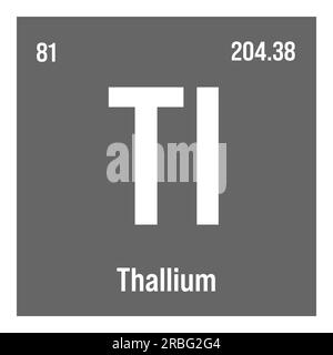 Thallium, Tl, élément de table périodique avec nom, symbole, numéro atomique et poids. Métal post-transition avec diverses utilisations industrielles, comme dans certains types d'imagerie médicale et comme composant dans certains types de verre. Illustration de Vecteur