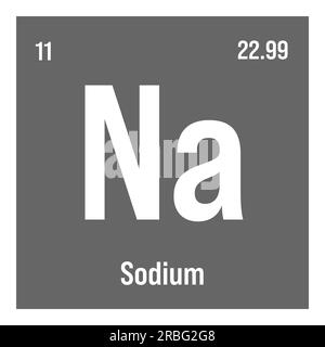 Sodium, Na, élément de table périodique avec nom, symbole, numéro atomique et poids. Métal alcalin à diverses utilisations industrielles, comme dans le savon, certains types de verre, et comme médicament pour certaines conditions médicales. Illustration de Vecteur