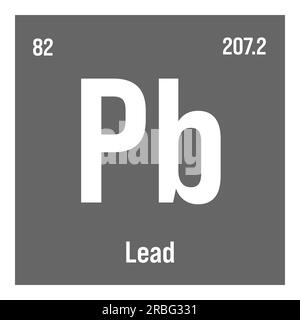 Plomb, Pb, élément de table périodique avec nom, symbole, numéro atomique et poids. Métal lourd à diverses utilisations industrielles, comme dans les batteries, la plomberie et comme composant de certains alliages. Illustration de Vecteur