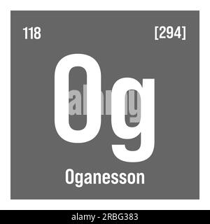 Oganesson, OG, élément de table périodique avec nom, symbole, numéro atomique et poids. Élément synthétique de demi-vie très courte, créé par des réactions nucléaires en laboratoire. Ses propriétés ne sont pas bien comprises en raison de son instabilité. Illustration de Vecteur