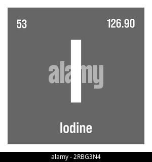 Iode, I, élément de table périodique avec nom, symbole, numéro atomique et poids. Halogène à diverses utilisations industrielles, comme la médecine, la photographie et comme désinfectant. Illustration de Vecteur