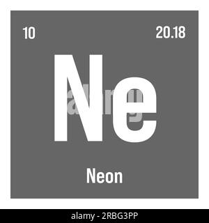 Néon, ne, élément de table périodique avec nom, symbole, numéro atomique et poids. Gaz inerte à diverses utilisations industrielles, comme dans l'éclairage, les lasers et comme gaz de remplissage dans certains types d'isolation. Illustration de Vecteur