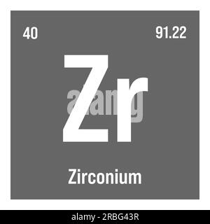 Zirconium, ZR, élément de table périodique avec nom, symbole, numéro atomique et poids. Métal de transition à diverses utilisations industrielles, comme dans certains types de réacteurs nucléaires, certains types de verre et comme composant dans certains types d'alliages. Illustration de Vecteur