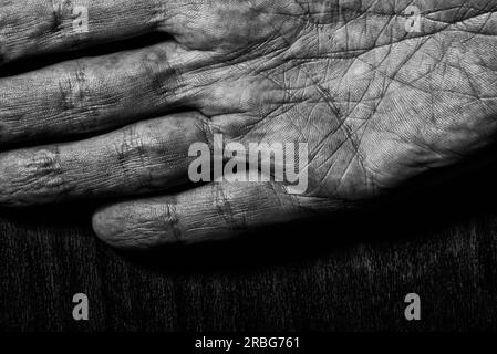 Image en noir et blanc de mains masculines âgées sur un fond sombre. Détail de la paume de la main Banque D'Images