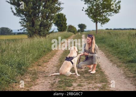 Jeune femme aimant offert une patte par son chien alors qu'elle s'accroupit sur une route de campagne à la campagne durant leur promenade quotidienne Banque D'Images