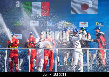 Circuit de Monza, Monza, Lombardie, Italie. 9 juillet 2023. Championnat du monde d'Endurance FIA 2023, 6 heures de Monza ; les vainqueurs du LMP célèbrent avec du champagne crédit : action plus Sports/Alamy Live News Banque D'Images