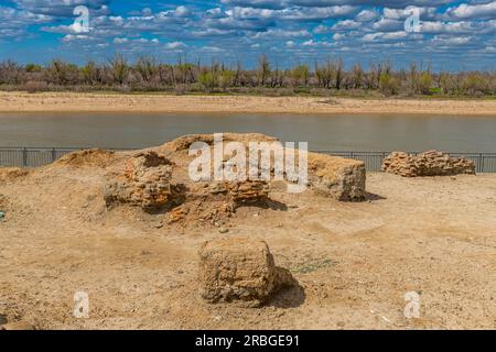 Ancienne colonie Saray-Juek sur la rivière Oural, Atyrau, Kazakhstan Banque D'Images