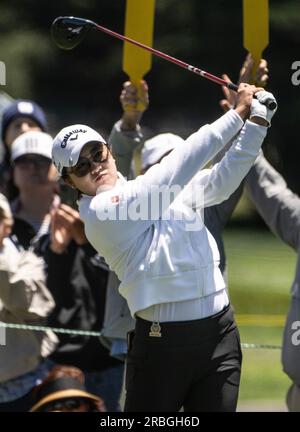 Pebble Beach, États-Unis. 09 juillet 2023. Hyo Joo Kim, de la République de Corée, décroche le troisième tee le dernier jour des femmes américaines Ouvert à Pebble Beach, Californie, le dimanche 9 juillet 2023. Photo de Terry Schmitt/UPI crédit : UPI/Alamy Live News Banque D'Images