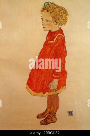 Petite fille aux cheveux blonds dans une robe rouge 1916 ; Vienne, Autriche par Egon Schiele Banque D'Images