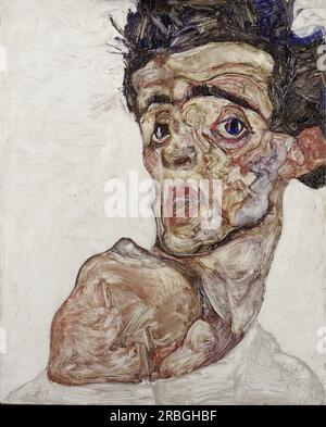 Autoportrait avec épaule barrée surélevée 1912 par Egon Schiele Banque D'Images