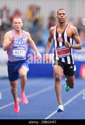 Manchester, Royaume-Uni. 08 juillet 2023. Manchester Regional Arena, Manchester, Royaume-Uni. Championnats nationaux d'athlétisme du Royaume-Uni 2023. Légende : Zharnel HUGHES remporte le 200m homme Photo : Mark Dunn/Alamy Live News (Sport) crédit : Mark Dunn Photography/Alamy Live News Banque D'Images