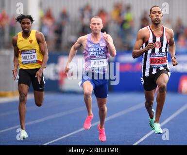 Manchester, Royaume-Uni. 08 juillet 2023. Manchester Regional Arena, Manchester, Royaume-Uni. Championnats nationaux d'athlétisme du Royaume-Uni 2023. Légende : Zharnel HUGHES remporte le 200m homme Photo : Mark Dunn/Alamy Live News (Sport) crédit : Mark Dunn Photography/Alamy Live News Banque D'Images
