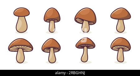 Dessin manuel vectoriel de dessin animé champignon avec icône Contour définie isolée. Illustration de champignons Boletus, bushroom brun, Collection de champignons. Champignons magiques Illustration de Vecteur