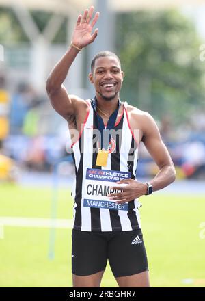 Manchester, Royaume-Uni. 08 juillet 2023. Manchester Regional Arena, Manchester, Royaume-Uni. Championnats nationaux d'athlétisme du Royaume-Uni 2023. Légende : Zharnel HUGHES célèbre sa victoire sur la finale du 200m hommes. Photo : Mark Dunn/Alamy Live News (Sport) crédit : Mark Dunn Photography/Alamy Live News Banque D'Images