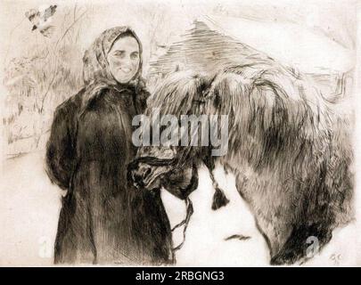 Dans un village. Paysanne avec un cheval 1899 par Valentin Serov Banque D'Images