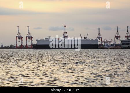 Le cargo japonais RYUJIN a accosté dans le port sud de Manille, Philippines, port de conteneurs et grues, baie de Manille, navire de transport de voitures Banque D'Images