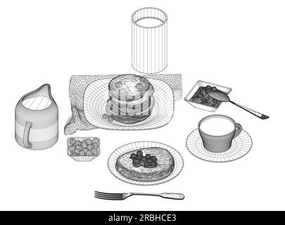 Divers repas sains du matin et repas du petit déjeuner dessinés à la main avec des lignes filaires sur fond blanc - baies, toasts, gaufres. Illustration vectorielle. Wi Illustration de Vecteur