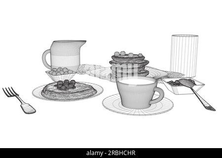 Divers repas sains du matin et repas du petit déjeuner dessinés à la main avec des lignes filaires sur fond blanc - baies, toasts, gaufres. Illustration vectorielle. Wi Illustration de Vecteur