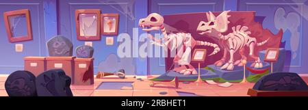 Musée abandonné avec squelette fossile de dinosaure. Salle d'archéologie et de paléontologie désordonnée avec empreinte tyrannosaurus, crâne de triceratops et pierre d'ammonite. Intérieur cassé dans la galerie de préhistoire Illustration de Vecteur