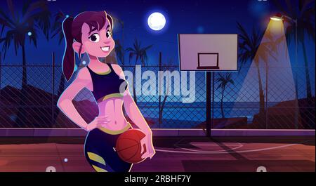 Fille sur le terrain de basket-ball au fond de vecteur de nuit. Joueur féminin sur le stade de sport de rue près de l'illustration de jeu de dessin animé de rivage d'eau de mer. Moonlight en été avec la personne gagnante heureuse sur le terrain de jeu Illustration de Vecteur