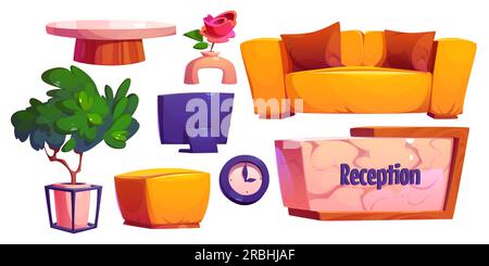 Ensemble de dessin animé de meubles de réception d'hôtel isolé sur fond blanc. Illustration vectorielle de canapé jaune, écran d'ordinateur, table en bois, pot d'arbre, fleur dans le vase, horloge murale. Éléments de design du lobby Illustration de Vecteur