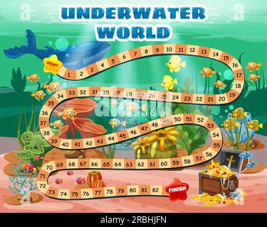 Kids Boardgame Underwater World. Coffre au Trésor pirate dans l'océan inférieur Illustration de Vecteur