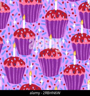 Motif sans couture dessiné à la main avec cupcake pâtisserie boulangerie cuisson des aliments. Bleu pastel rose violet doux savoureux Candy conception de dessert rêveur, fond de fête d'anniversaire de bougie à la mode. Art coloré Banque D'Images