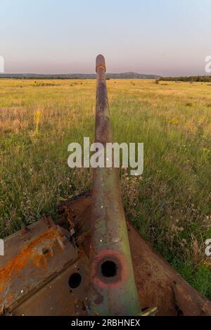 Détruit rouillé, abandonné et brûlé le char de combat dans les champs verts au coucher du soleil. Vous pouvez utiliser cette image comme illustration par exemple guerre Banque D'Images