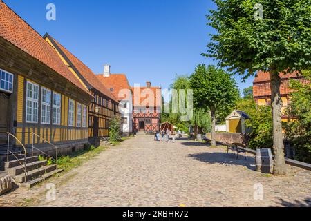 Rue pavée avec des maisons historiques dans la vieille ville d'Aarhus, Danemark Banque D'Images