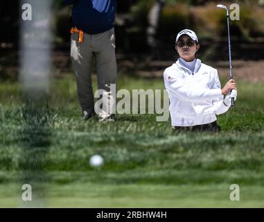 Pebble Beach, États-Unis. 09 juillet 2023. Rose Zhang sort d'un bunker pour le deuxième green le dernier jour des femmes américaines Ouvert à Pebble Beach, Californie, le dimanche 9 juillet 2023. Photo de Terry Schmitt/UPI crédit : UPI/Alamy Live News Banque D'Images