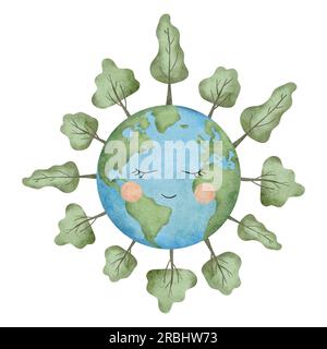Planète Terre avec visage mignon, sourire. Symbole de vie, nature, fondation, écologie, événements internationaux. Joyeux jour de la Terre. Globe du monde avec des arbres Banque D'Images