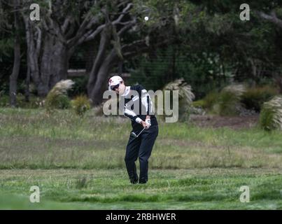 Pebble Beach, États-Unis. 09 juillet 2023. Hyo Joo Kim, de la République de Corée, marque le deuxième vert de la finale des femmes américaines Ouvert à Pebble Beach, Californie, le dimanche 9 juillet 2023. Photo de Terry Schmitt/UPI crédit : UPI/Alamy Live News Banque D'Images