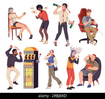 Les gens de bande dessinée avec addicted. Personnages avec de mauvaises habitudes, alcooliques, fumeurs, toxicomanes et toxicomanes, troubles de l'alimentation et de la consommation de café, santé Illustration de Vecteur
