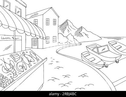 Marché aux poissons de front de mer graphique de paysage de baie blanc noir vecteur d'illustration Illustration de Vecteur