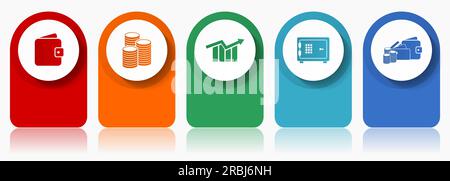 Jeu d'icônes bancaires, icônes vectorielles diverses telles que portefeuille, argent, diagramme et coffre-fort, modèle d'infographie de conception moderne, boutons Web en 5 couleurs optio Illustration de Vecteur
