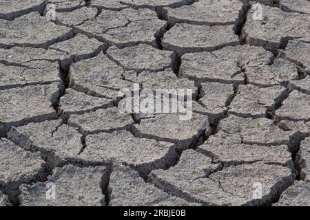 Terre sèche en saison sèche sécheresse, fissures au sol, pas d'eau chaude. Manque d'effet d'humidité de la terre craquée mondiale dans la sécheresse résumé nature backgroun Banque D'Images