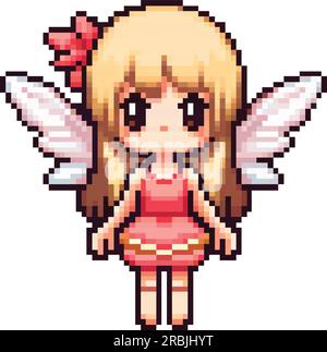 pixel art 8 bits d'un personnage de fée blonde portant une robe rose et une fleur dans ses cheveux Illustration de Vecteur