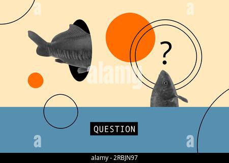 Bannière affiche image colorée collage d'image de poisson figuratif bizarre nageant trou d'aquarium isolé sur fond rétro de dessin Banque D'Images