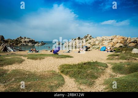 Falaises de granit et plage de sable, Tafoni, îles Lavezzi, Îles Lavezzi, Bonifacio, Corse-du-Sud, Corse, Mer Méditerranée, France Banque D'Images