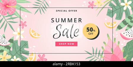 Bannière de vente d'été avec des fleurs, des feuilles et des fruits. Illustration vectorielle à la mode colorée dessinée à la main Illustration de Vecteur