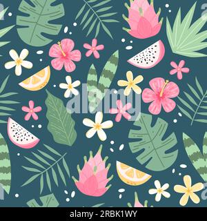 Feuilles tropicales et fleurs motifs sans couture sur fond vert foncé, illustration vectorielle colorée dessinée à la main Illustration de Vecteur