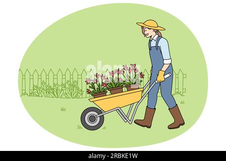 Femme heureuse jardinière en uniforme avec chariot à roues faisant des travaux en plein air. Souriante femme jardinant planter des fleurs à l'extérieur. Environnement et concept de passe-temps. Illustration vectorielle. Illustration de Vecteur