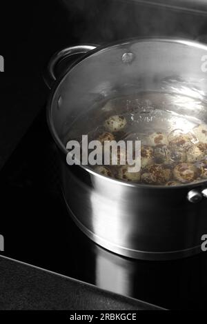 Cuisson des œufs de caille dans la casserole sur la cuisinière électrique Banque D'Images