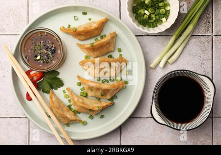 Délicieux gyoza (boulettes asiatiques) servi sur une table carrelée légère, mise à plat Banque D'Images