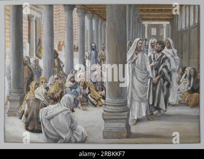 Jésus marche dans le portique de Salomon (Jésus se promène dans le portique de Salomon) de James Tissot Banque D'Images