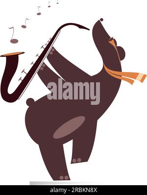 Drôle d'ours une illustration saxophoniste. Ours de dessin animé jouant de la musique sur saxophone avec inspiration. Isolé sur fond blanc Illustration de Vecteur