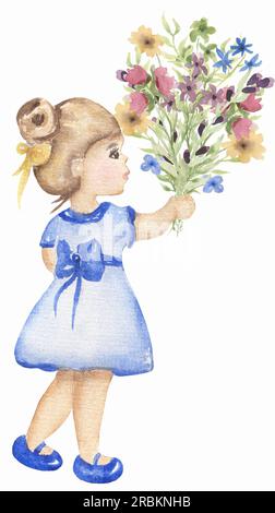 Aquarelle petite fille avec fleurs. Illustration pour enfants. Bébé fille en robe bleue. Grand bouquet de fleurs sauvages. Clipart de fille d'école Banque D'Images