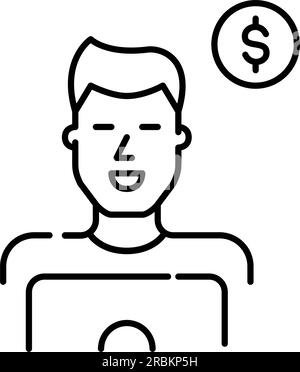 Homme freelance travaillant à l'ordinateur portable. Mec souriant au travail devant son ordinateur. Signe dollar. Contour modifiable et parfait au pixel près Illustration de Vecteur